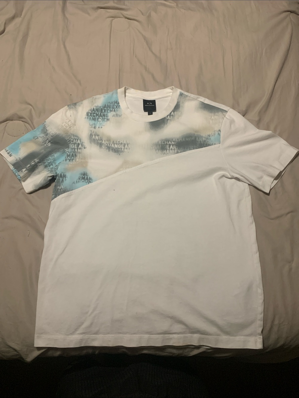 Armani Exchange White Tee with Light Blue and Gray Graphic Panel